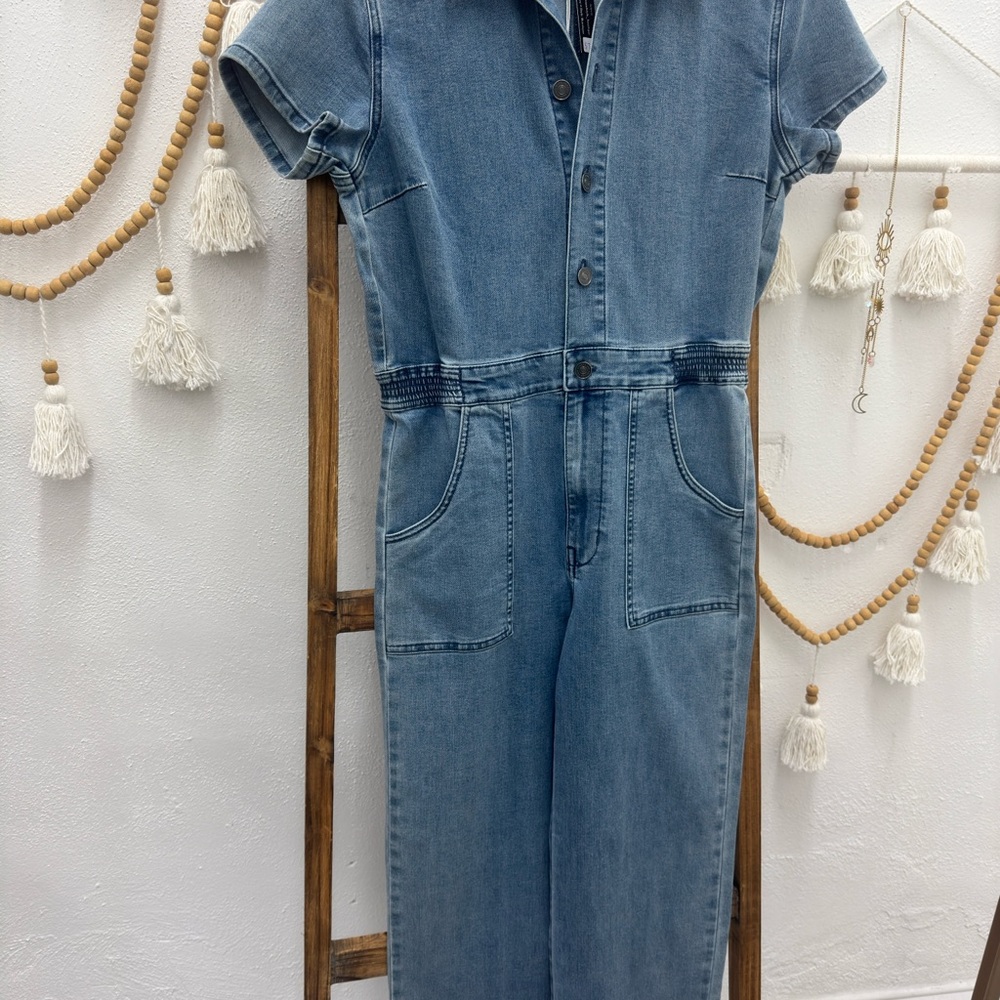 KanCan Blue Denim Jumpsuit with Short Sleeves